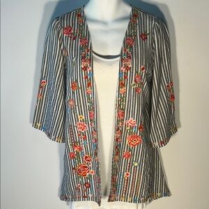 Savanna Jane SZL Linen Stripe Kimono Floral Embroidery Boho Cottage Western